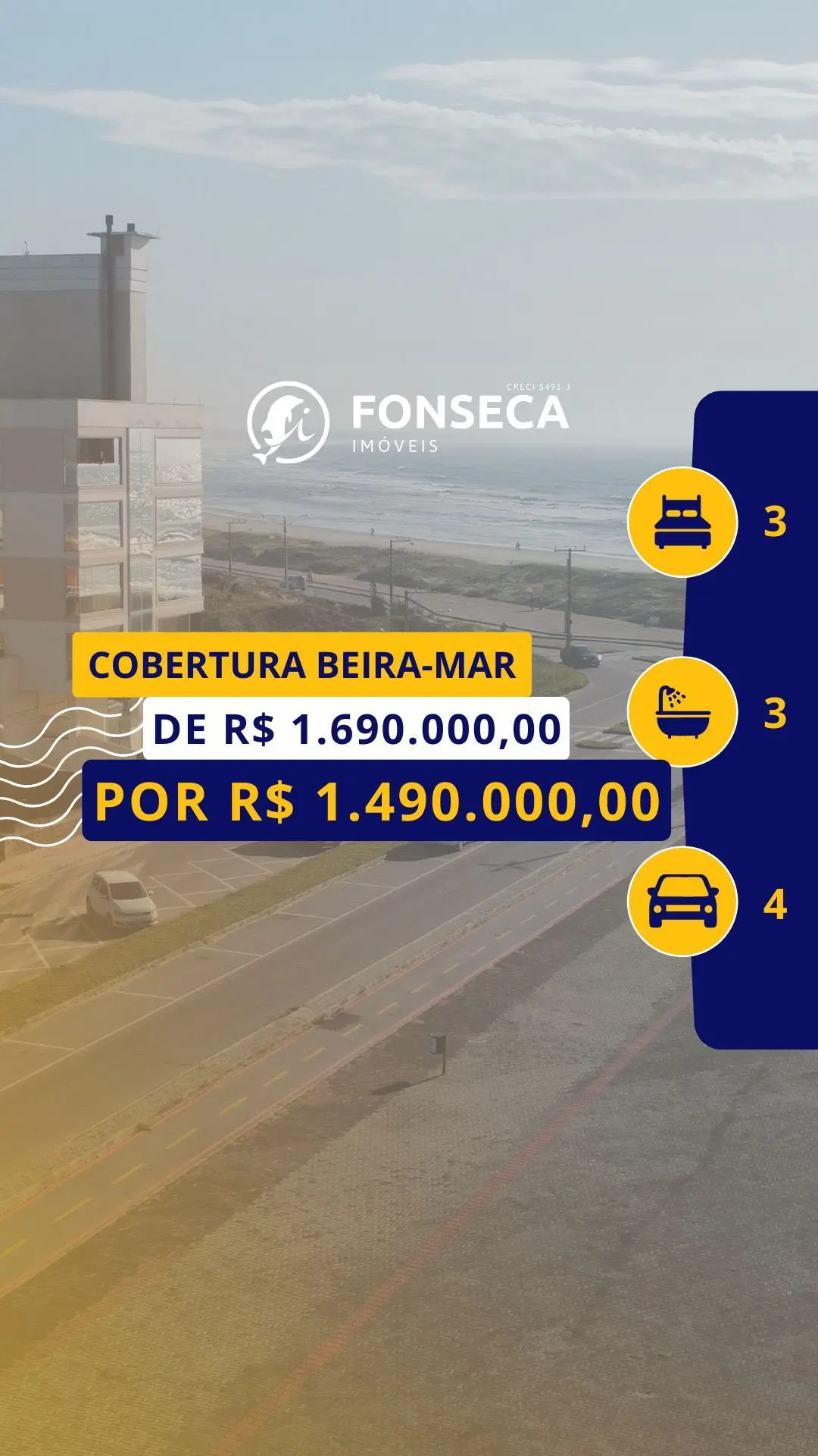 OPORTUNIDADE! Cobertura com vista dos molhes e orla do Mar Grosso. 3 dormitórios, 4 vagas, mobiliado. De R$ 1.690.000 por R$ 1.490.000!